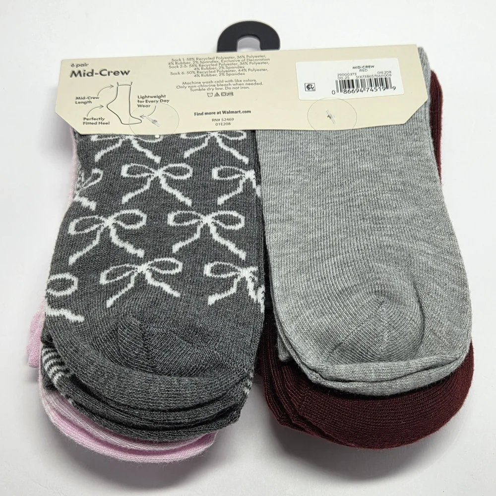 No Boundaries Women's Mid-Crew Socks 6 Pairs Bow‎ Multicolor Size 4-10